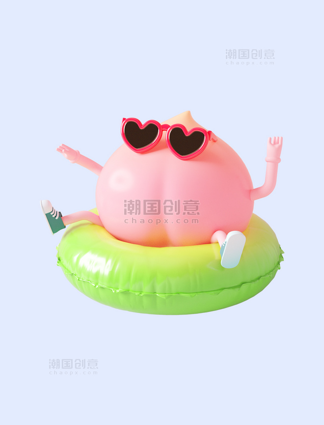 3D立体粉色C4D水蜜桃游泳冲浪水果桃子餐饮美食运动水上