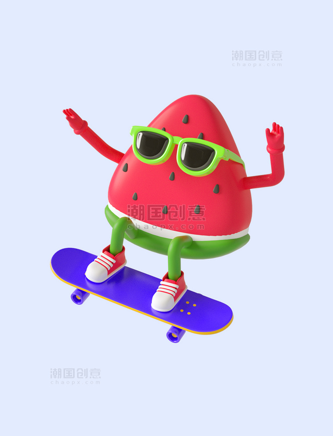 3D立体红色C4D拟人西瓜滑板冲浪