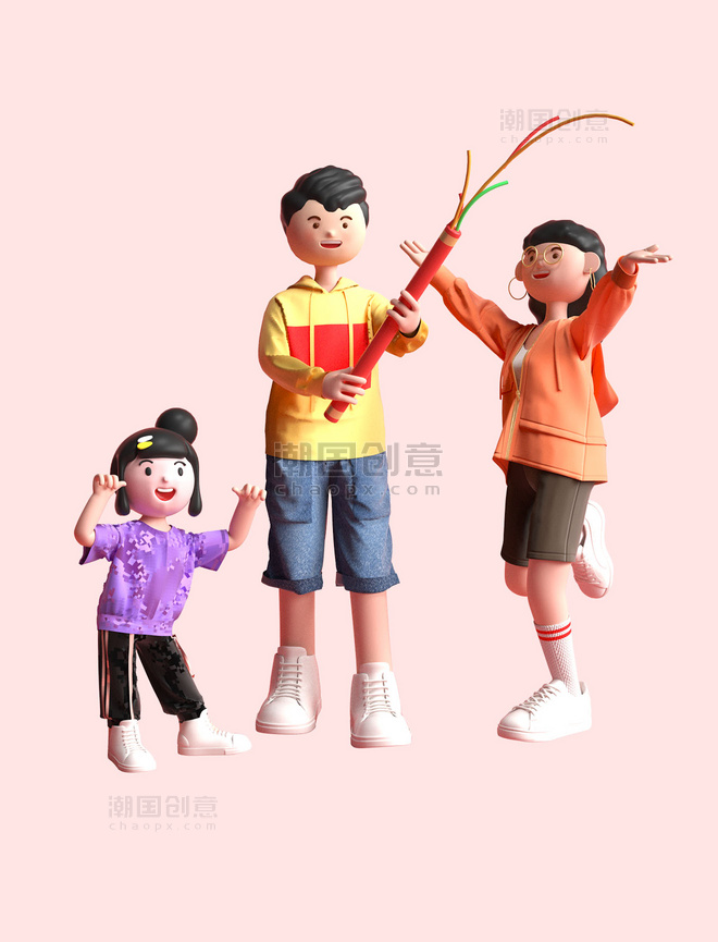 国庆国庆节3D卡通人物旅游旅行放烟花模型图