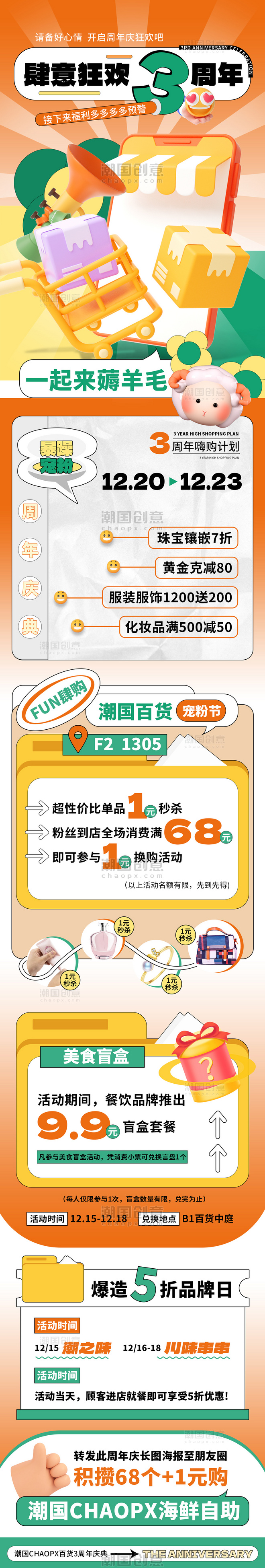 周年庆店庆促销橙色薅羊毛营销H5长图