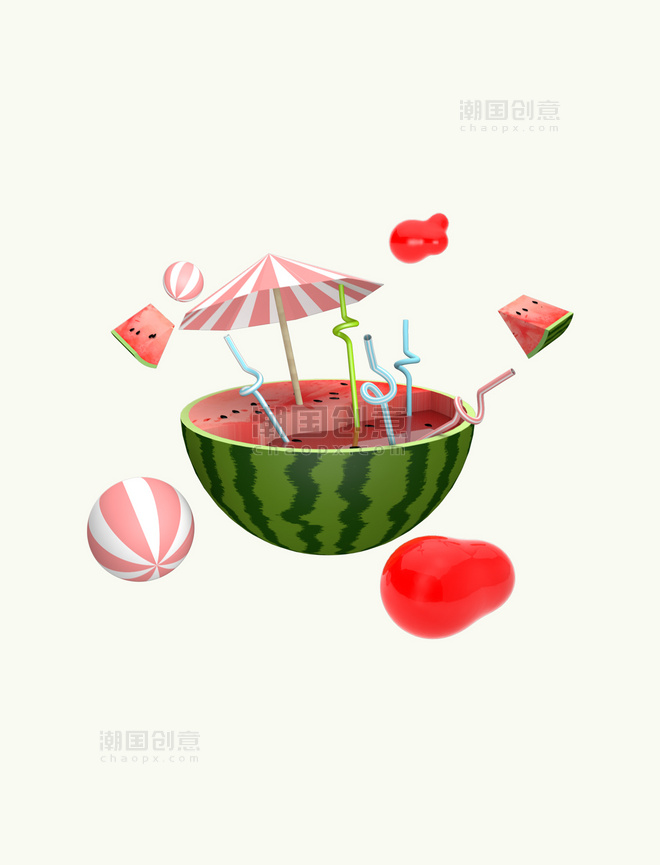 3D漂浮的西瓜夏天水果