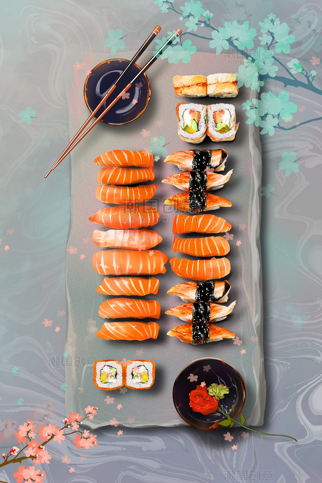 垂涎欲滴的日本寿司手绘美食插画海报背景