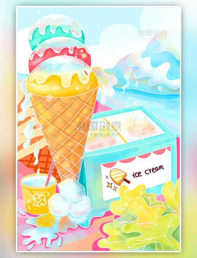 卡通缤纷夏日冰淇淋雪糕冰块夏天大暑