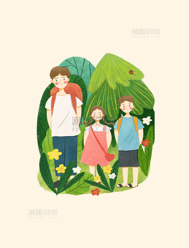 夏令营可爱少女少年夏日暑假背包手绘野外风景植物树