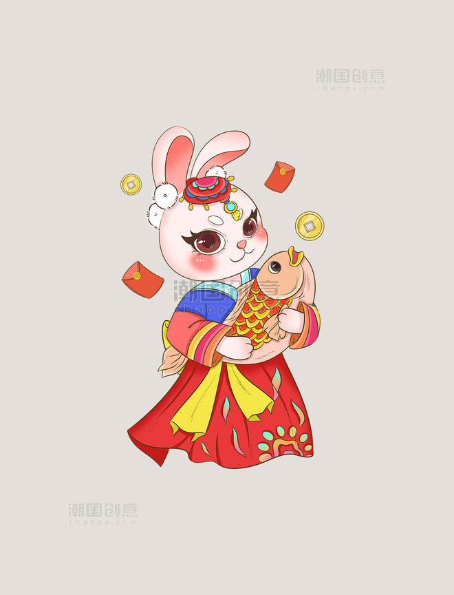 红色可爱春节朝鲜族民族风服饰抱鱼兔子元素