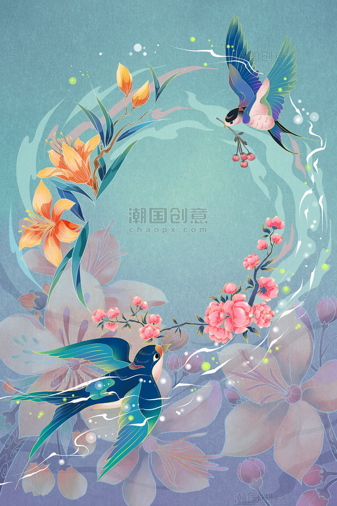 春天春季喜鹊花开燕子手绘插画背景素材花朵叶子