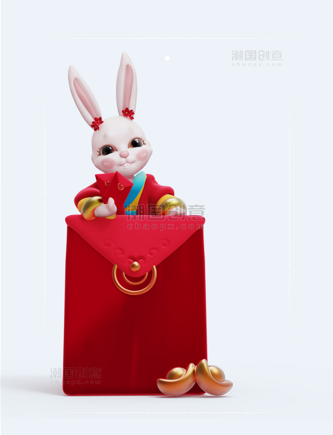 C4D立体国风金红喜庆财神兔子兔仙人手拿红包3D
