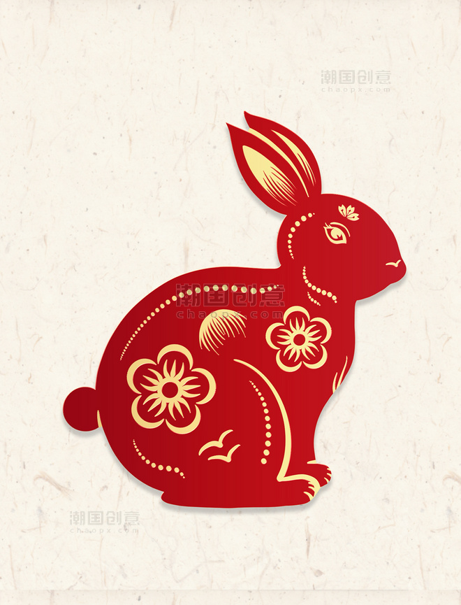 兔年春节新年红色红金立体剪纸兔子