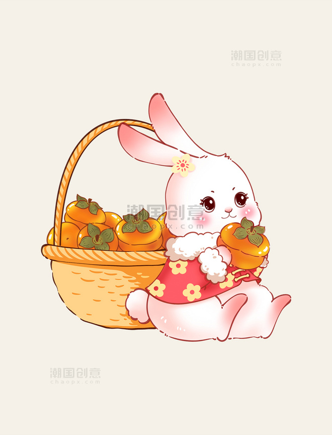 橙色春节兔子抱柿子事事如意兔年新年元素