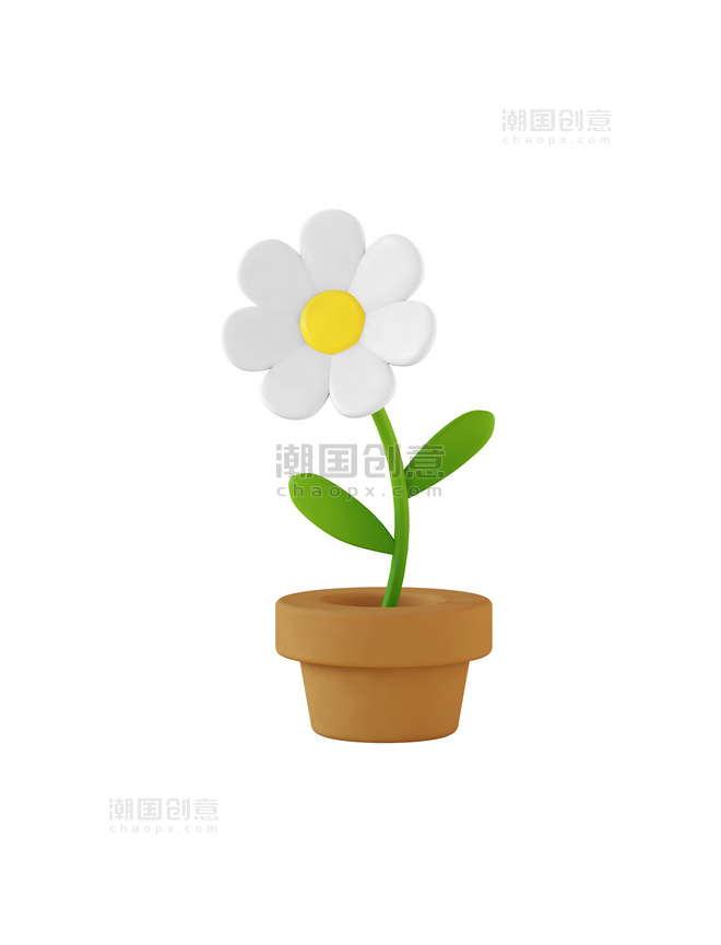 白色3D立体卡通植物盆栽花朵