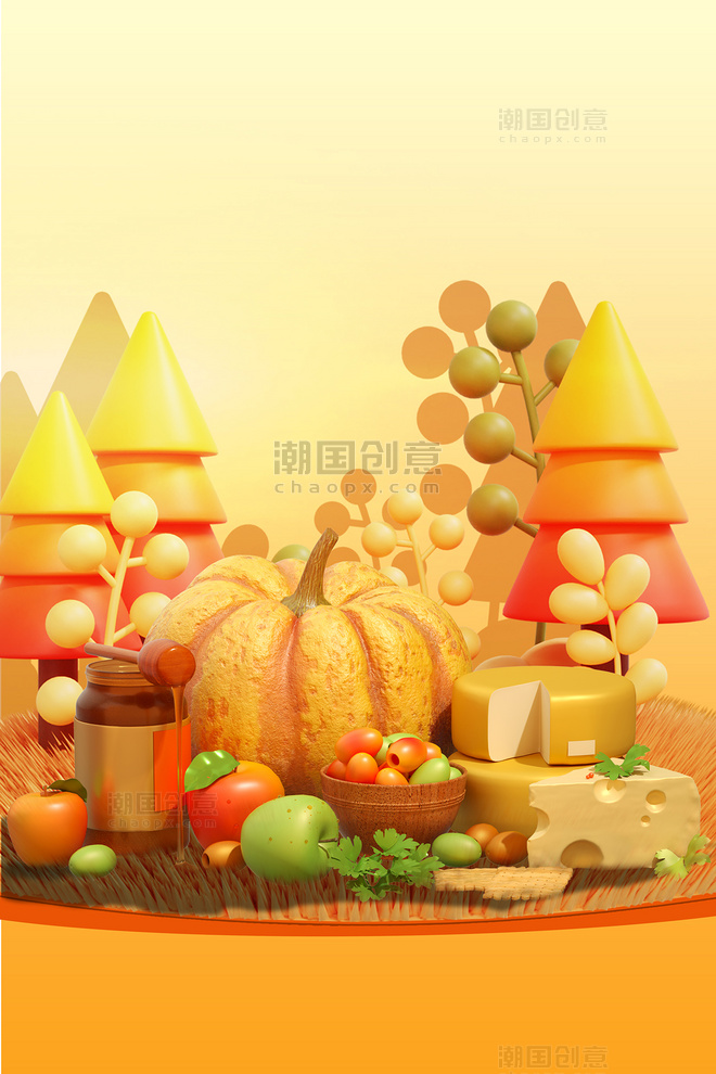 手绘秋天3D食物暖黄立体背景秋季感恩节南瓜实物