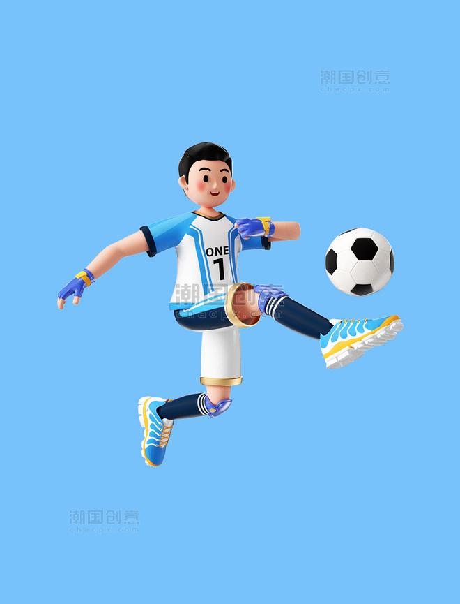 世界杯足球杯3D卡通人物运动员踢足球踢球形象