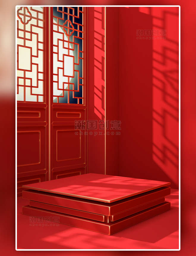 中国风中秋电商红色3D展台