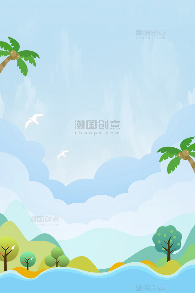夏天椰树蓝天白云卡通清新手绘扁平风插画背景