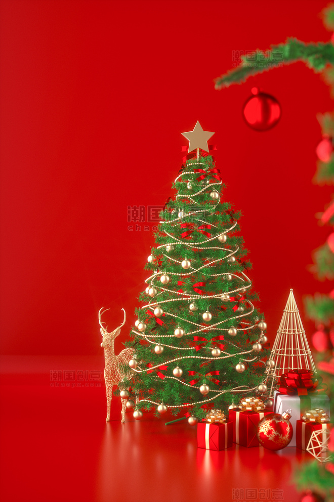红色喜庆C4D立体圣金红圣诞电商促销圣诞树