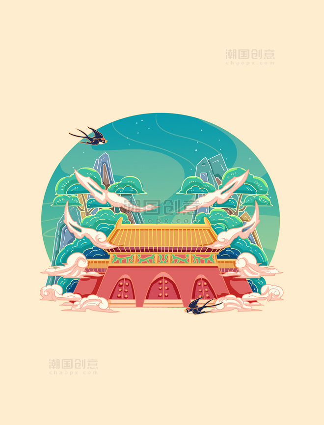 中国风北京明十三陵建筑旅游景点插画