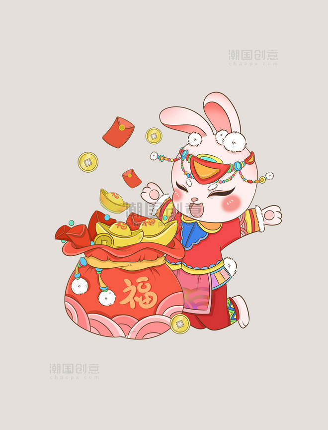 红色可爱春节幺佬族民族风服饰钱袋子撒钱兔子元素