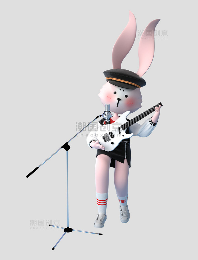 3D立体中秋节潮酷嘻哈卡通兔子弹吉他