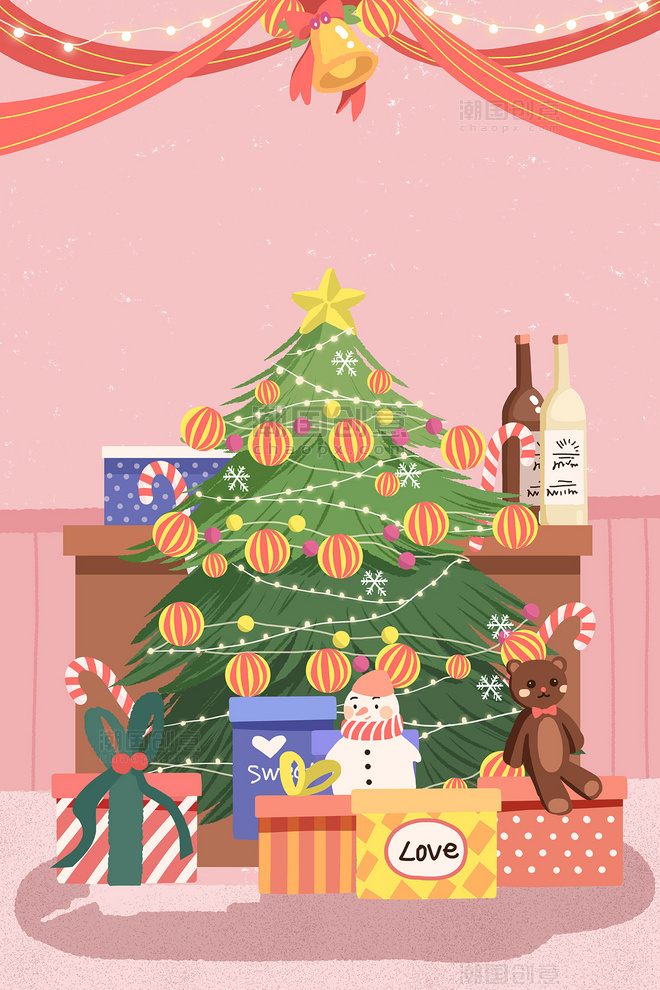 圣诞圣诞节圣诞树礼物装饰彩球彩带庆祝雪人节日插画