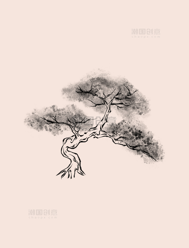 中国风水墨画植物松树元素