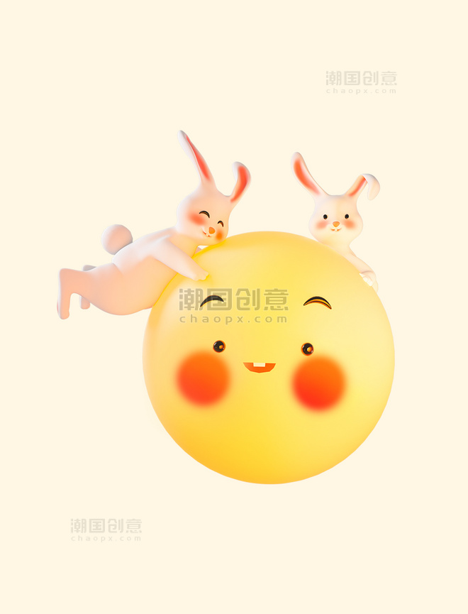 3d立体卡通中秋中秋节拟人兔子月亮创意场景模型兔子与月亮