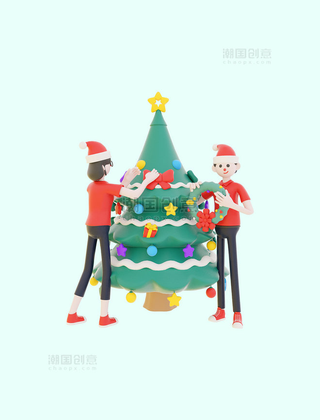 3D圣诞圣诞节树礼物庆祝人物立体3D装饰元素