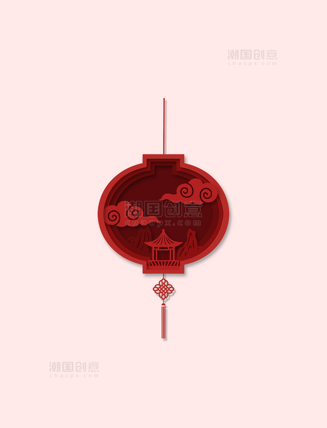 春节新春新年浮雕红色剪纸祥云灯笼