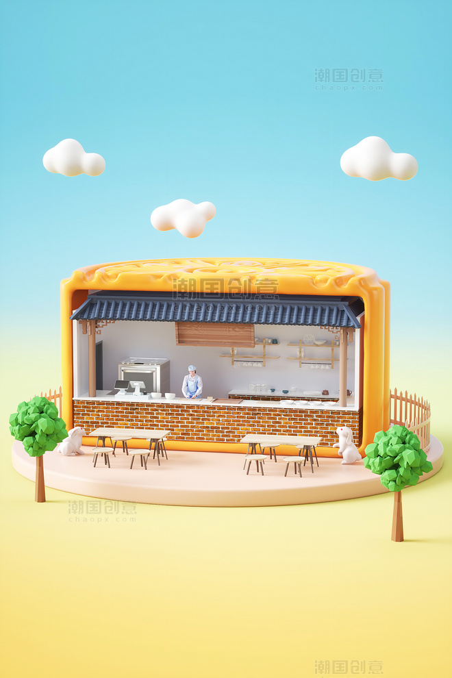 3Dc4d创意立体中秋中秋节月饼店铺餐饮场景