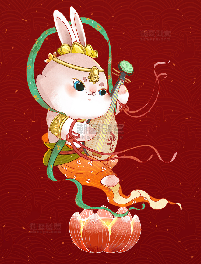兔年春节新年国潮兔子飞天插画兔年中国风敦煌琵琶