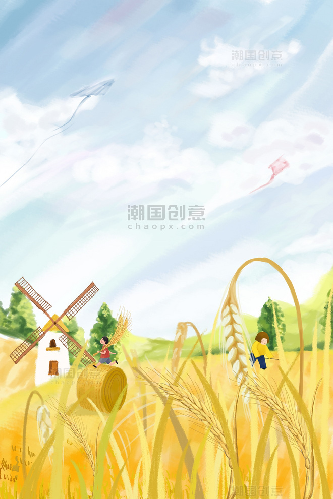 手绘插画夏季风景稻田磨坊风车天空海报背景