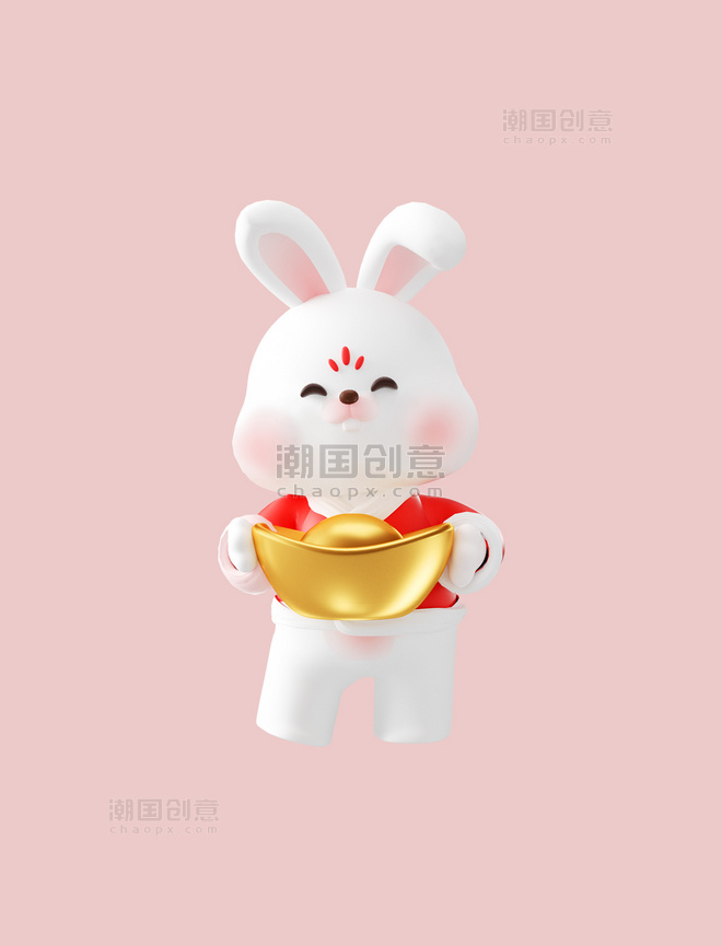 3d新年新春春节兔年卡通可爱兔子萌兔拿元宝