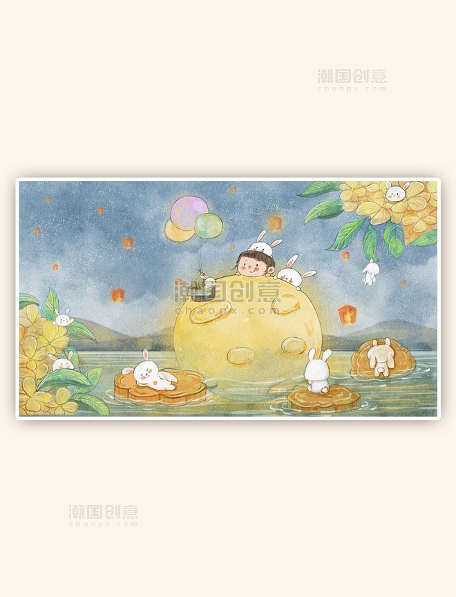 中秋节月亮兔子女孩月饼插画背景