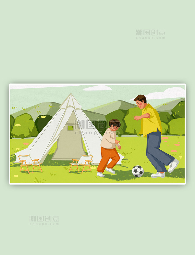 亲子活动爸爸和儿子野外玩耍踢球露营温馨场景