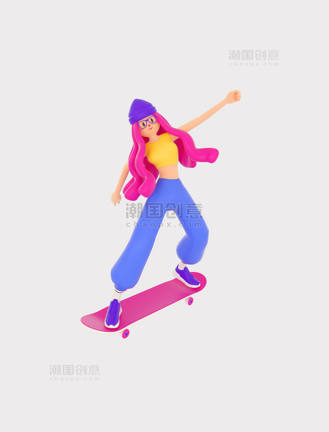 C4D立体3D运动人物滑板潮酷女孩