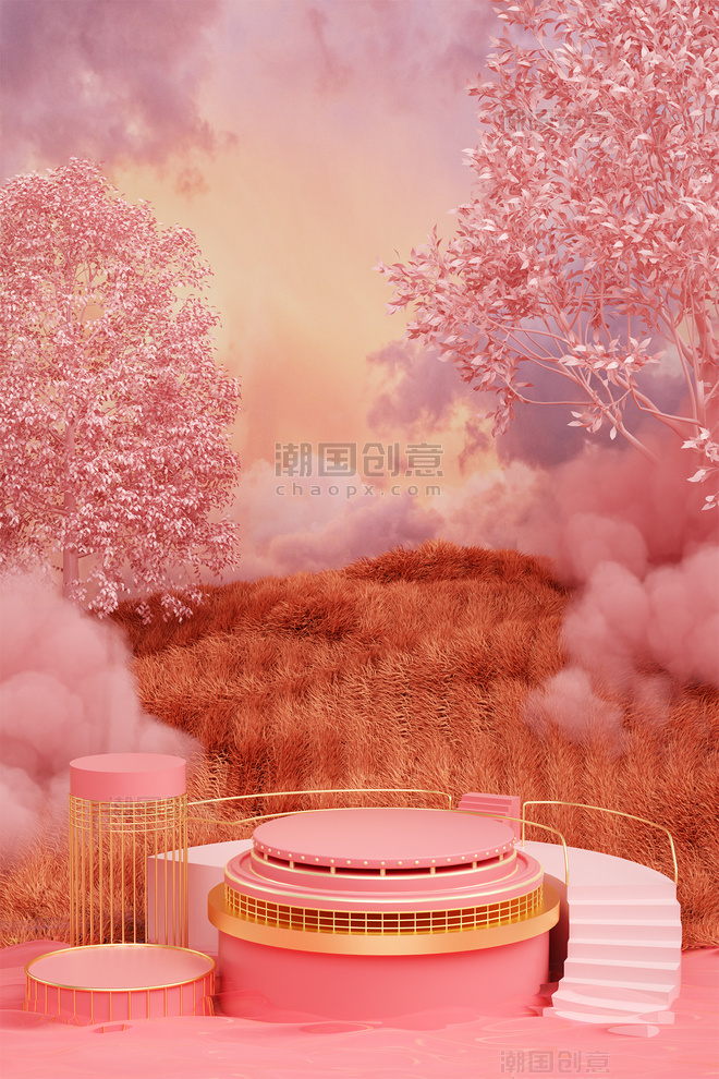 女神节38妇女节圆形粉色写实电商展台