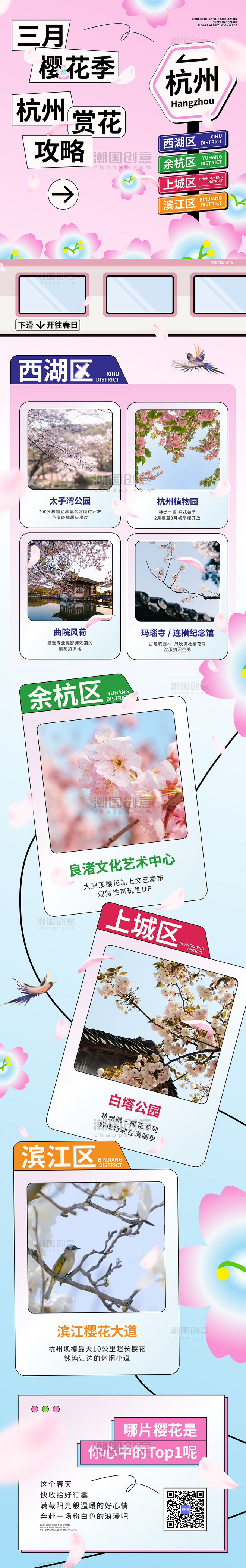 樱花季杭州赏樱攻略黑描扁平风营销长图
