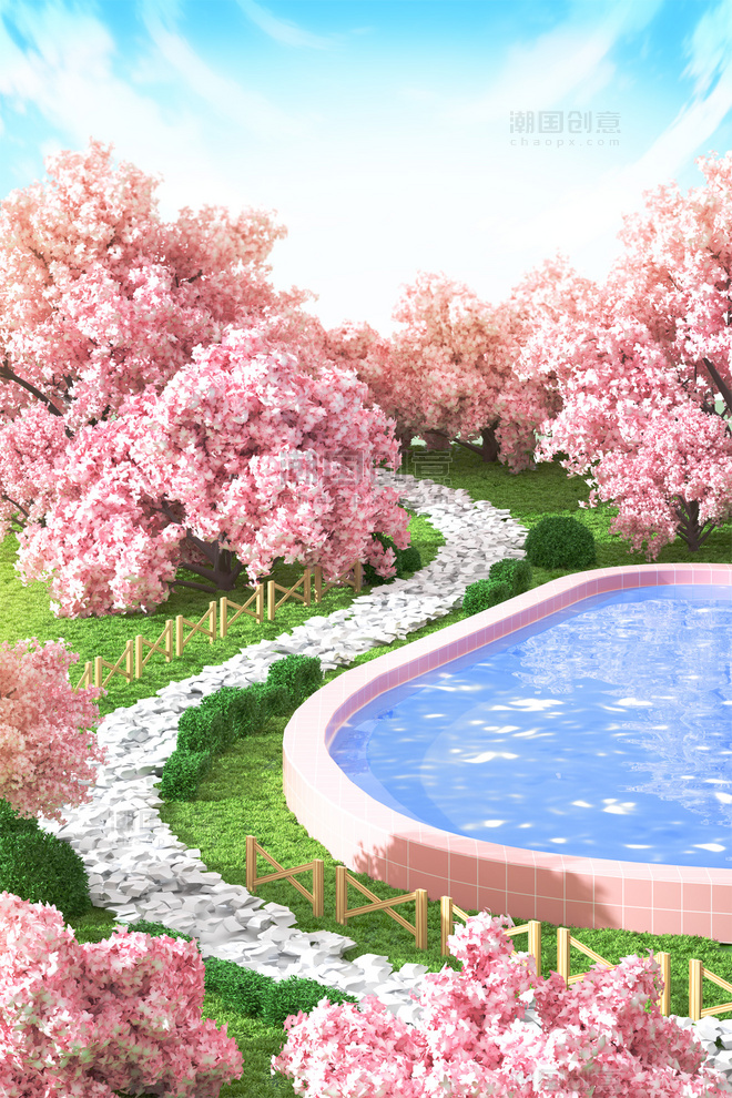 樱花季水池场景春天春季粉色赏花公园