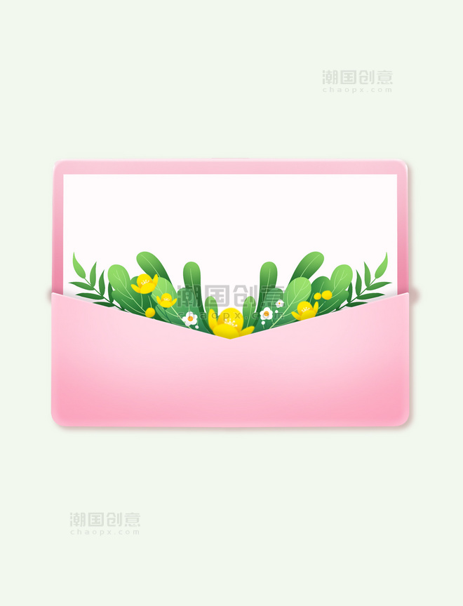 手绘春季春天绿色植物粉色信封信件边框