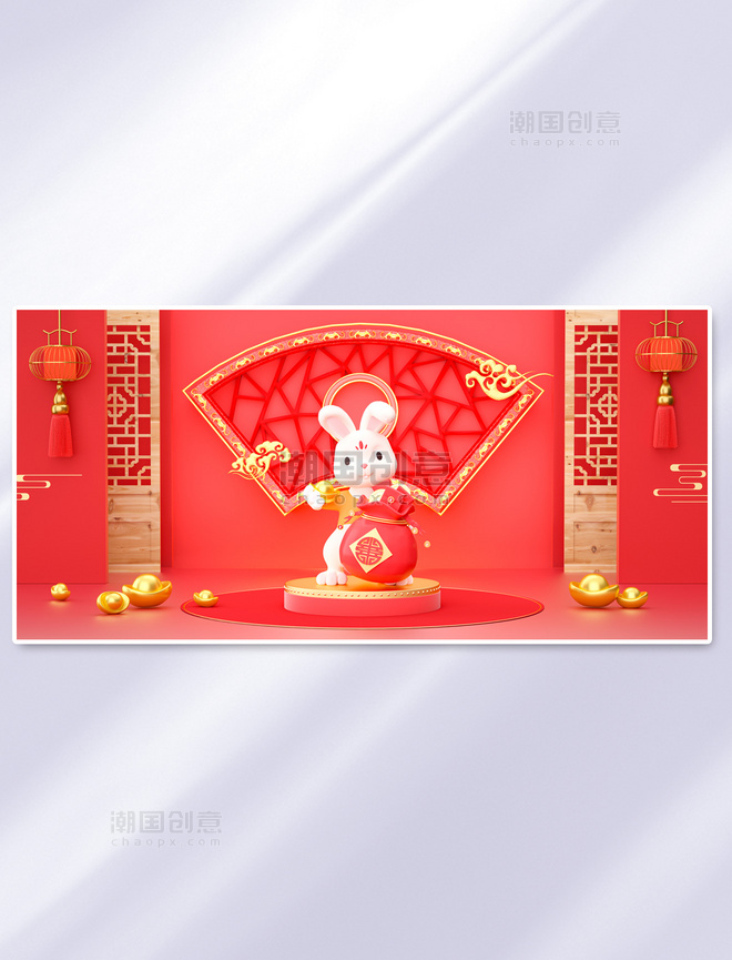 C4D3D新年春节兔年过年兔子屏风红色中国风背景