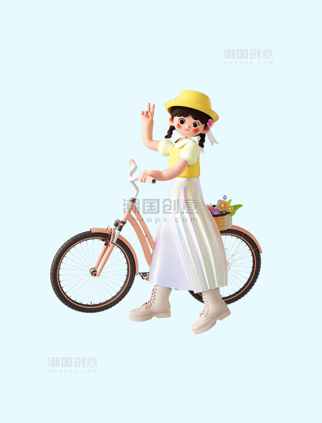 春天3D立体C4D春游可爱女孩人物骑自信车
