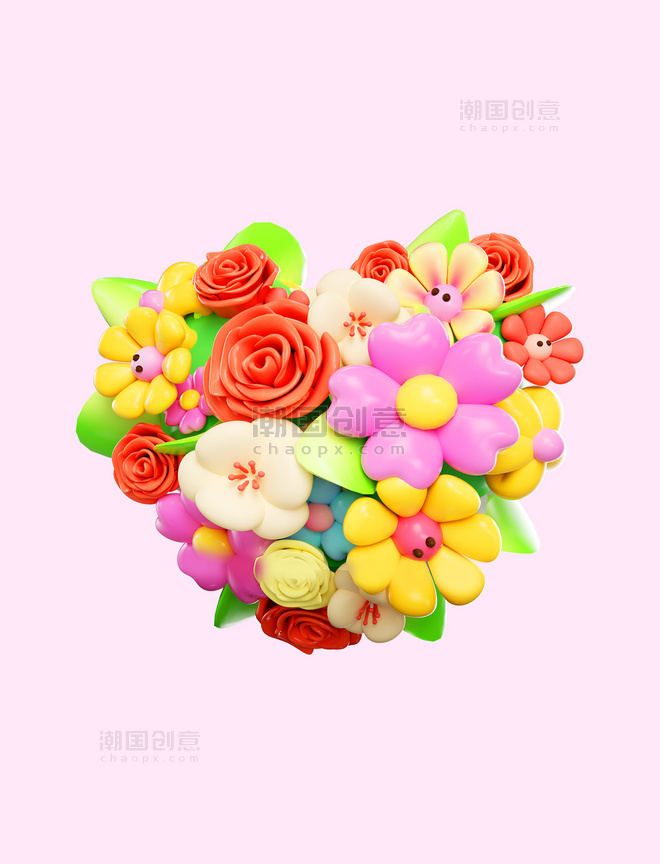 3D立体C4D春天春季花卉花朵气球花捧花爱心花束