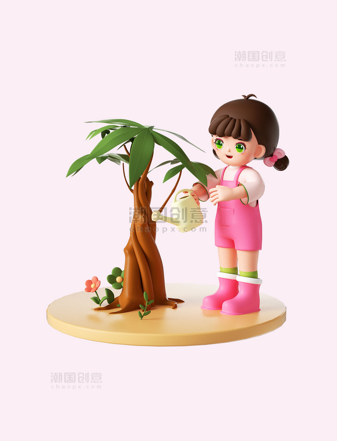 植树节3D立体可爱女孩儿童人物植树形象