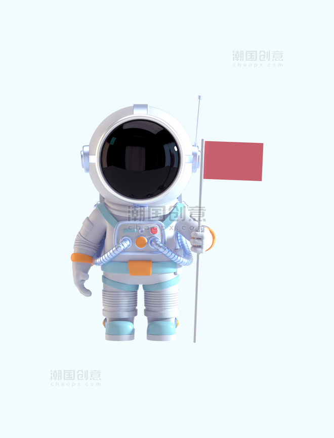 3D立体C4D科幻航天航空卡通宇航员拿红旗