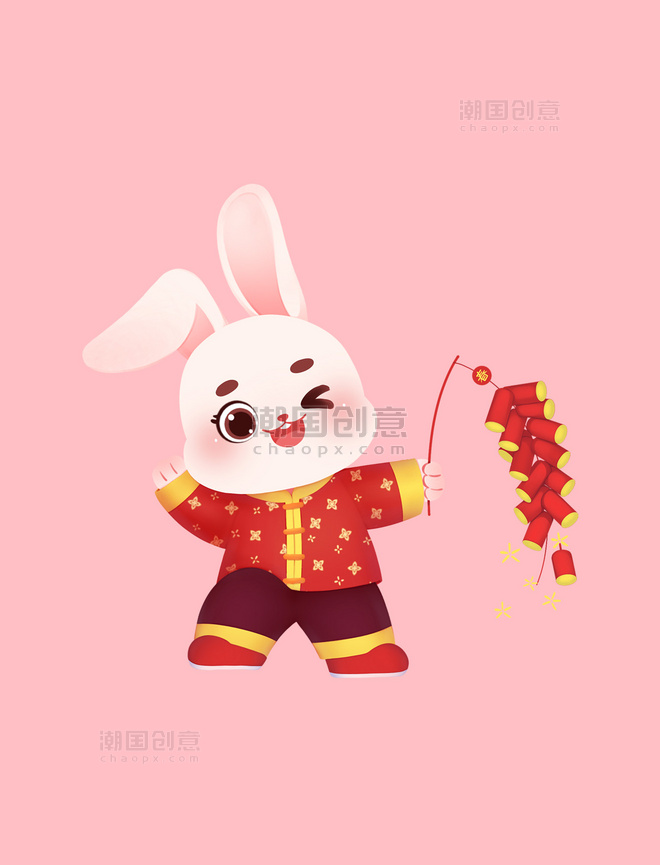 新年新春兔子放鞭炮过年春节喜庆开门红色卡通png