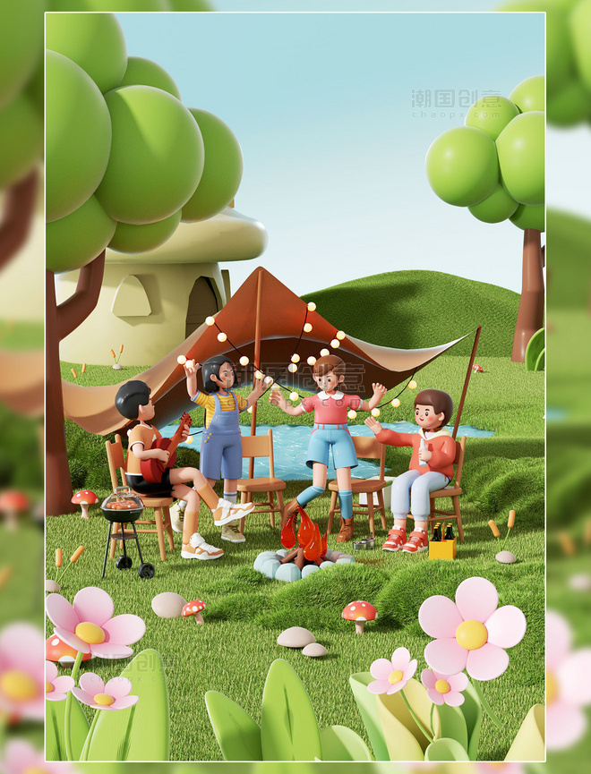 春季春天3D立体户外露营树林游玩聚会人物C4D海报