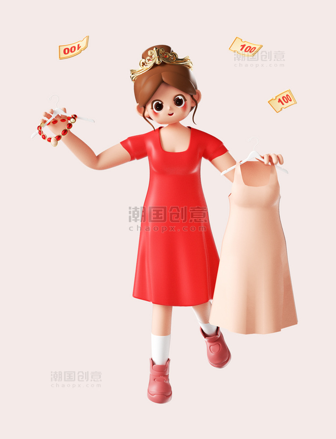 女神节妇女节3D立体卡通人物购物形象