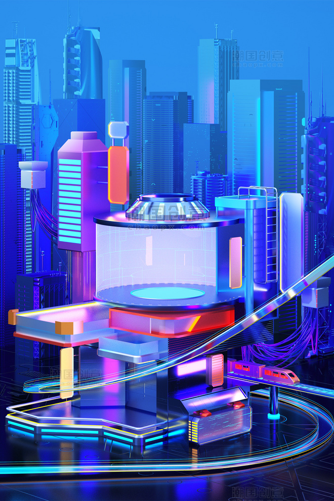 C4D立体霓虹城市建筑科技科幻风3D场景