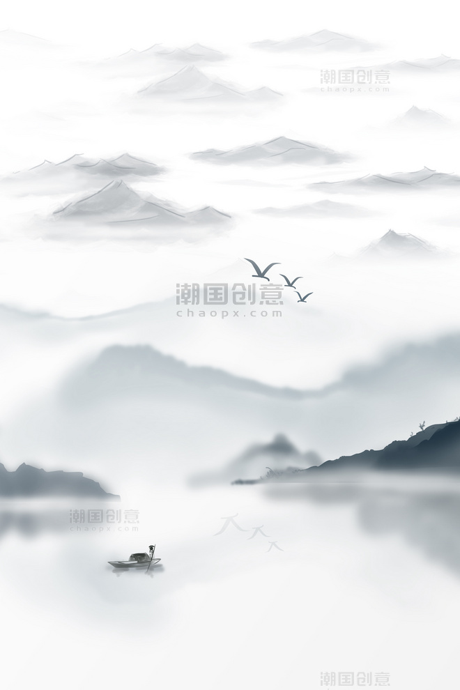 中国风水墨山水渔船背景