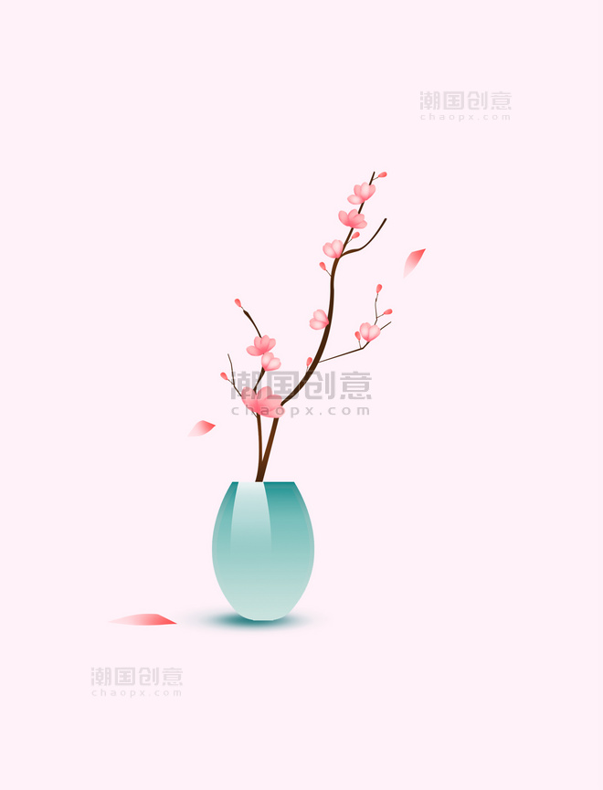 新中式春天梅花瓶插花花枝元素盆栽