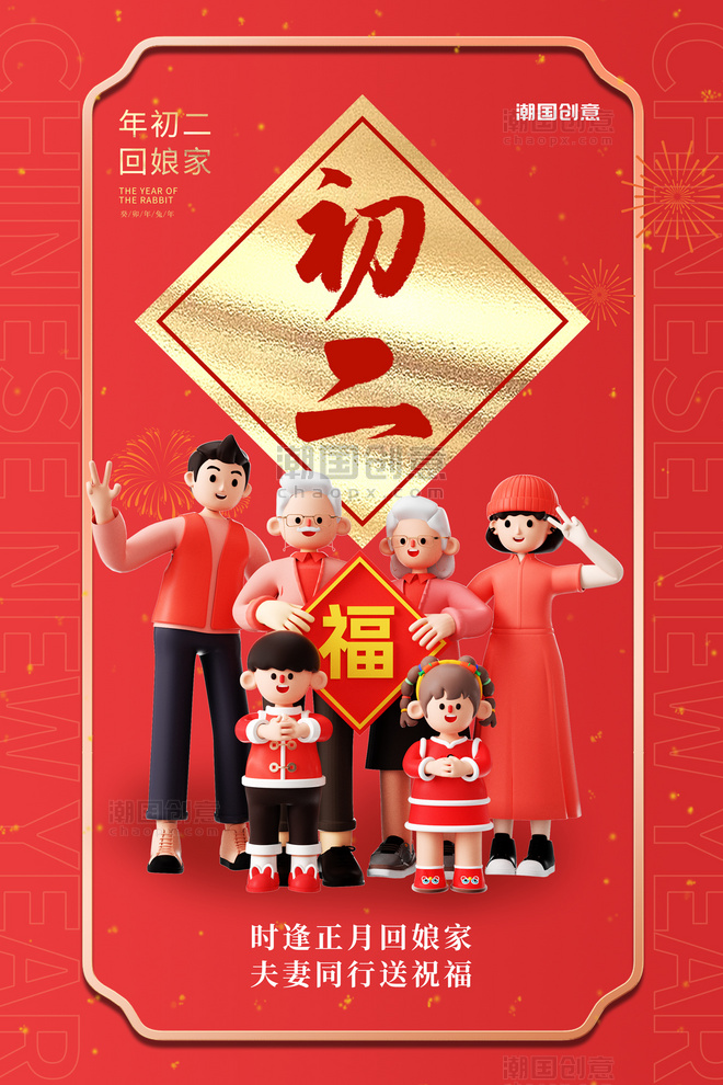 春节正月初二回娘家红色C4D海报